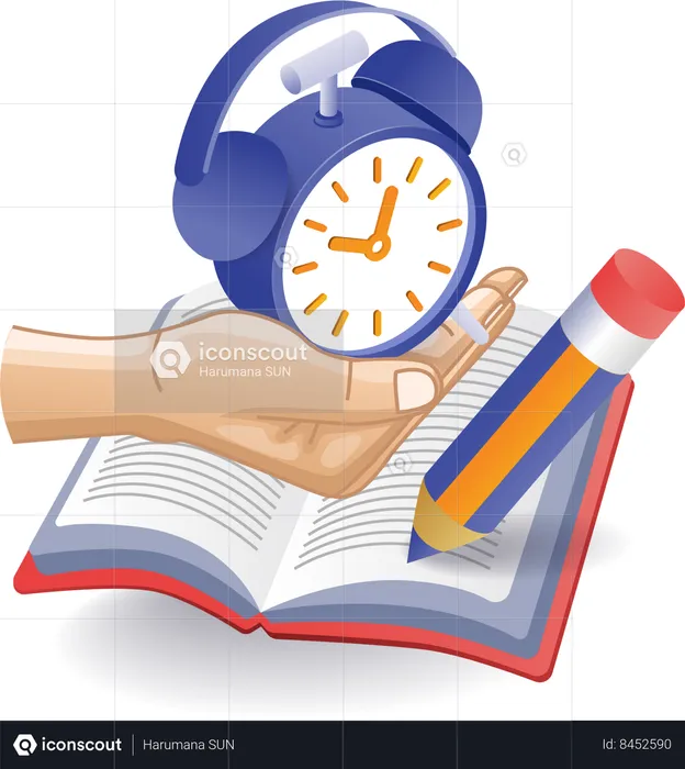 Hand reading book reminder alarm clock  Illustration