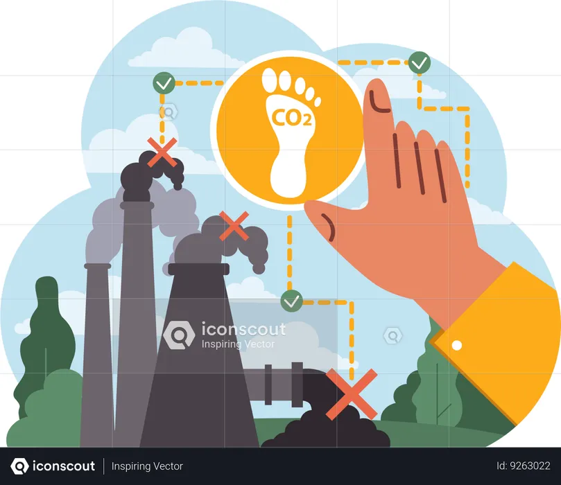 Hand selects carbon emission reduction options against industrial chimneys  Illustration