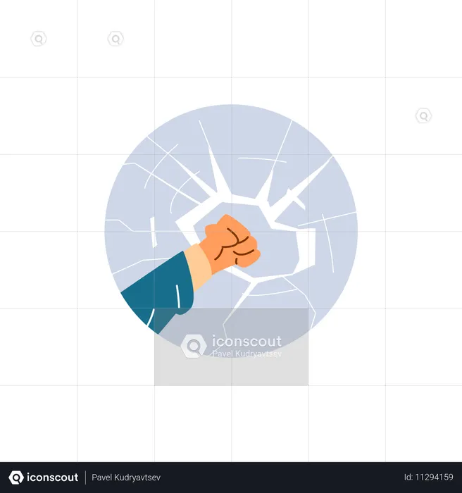 拳でガラスを割る手は、攻撃性と破壊行為を象徴している  イラスト
