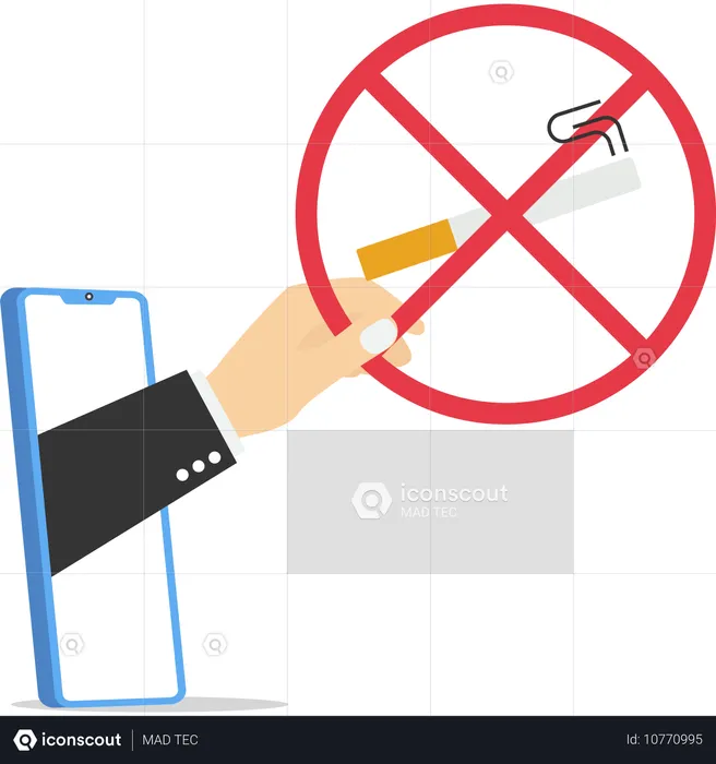 Hand stepping out of the mobile phone screen holding sign no smoking  Illustration