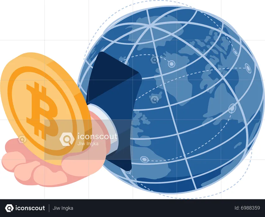 Hand with Bitcoin come out from The World  Illustration