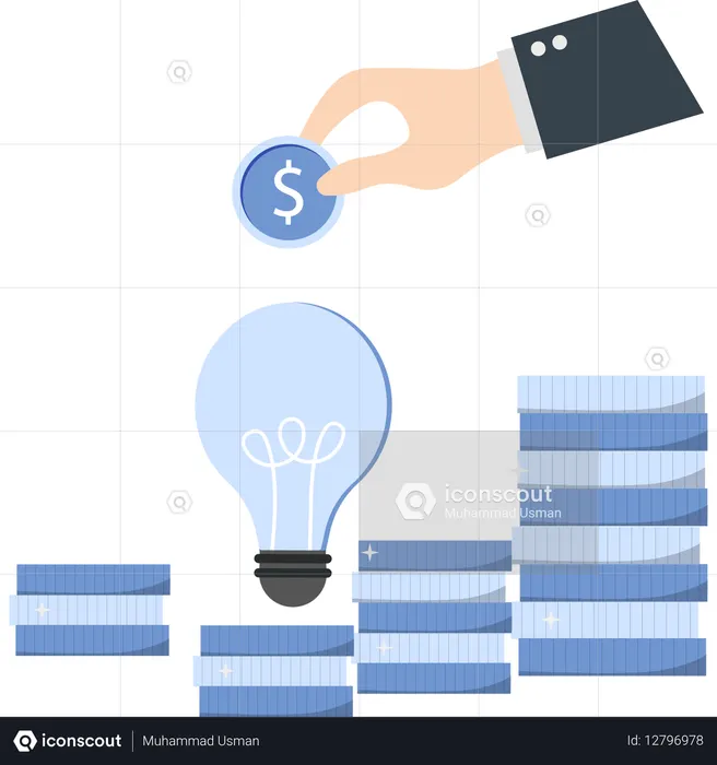 Hand with Dollar Coin Lightbulb and Stacks of Coins  Illustration