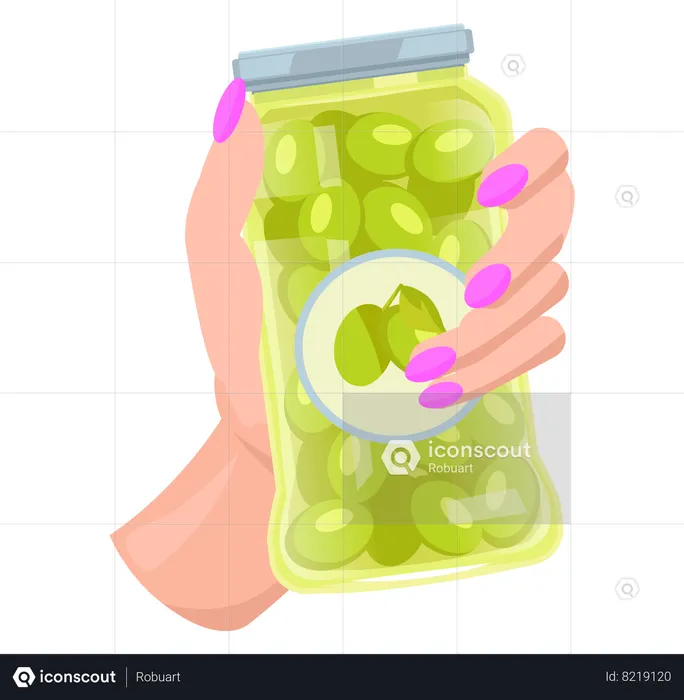 Hand with green olives in glass jar  Illustration