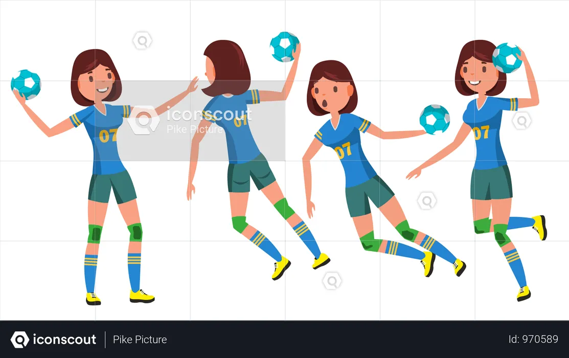 Handball Female Player Vector. Playing In Different Poses. Woman. Attack Jump. Shooting Player. Athlete Isolated On White Cartoon Character Illustration  Illustration