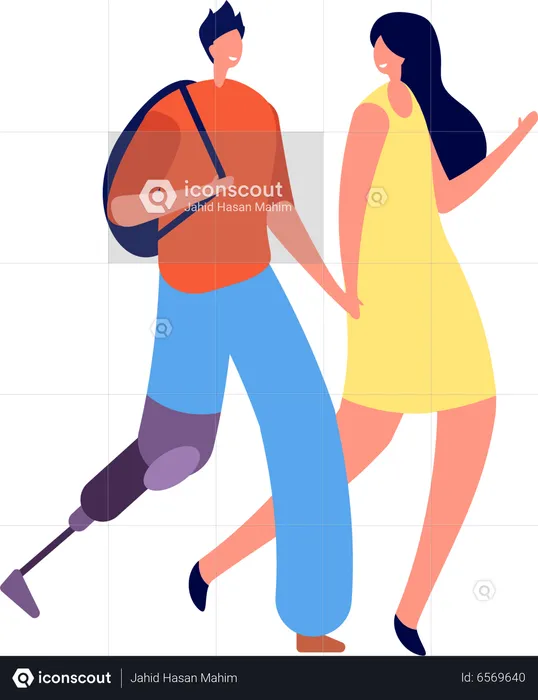 Handicap man walking with friend  Illustration