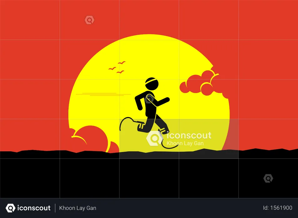 Handicap runner running with running blades or prosthetics leg with a big sun and cloud at the background  Illustration