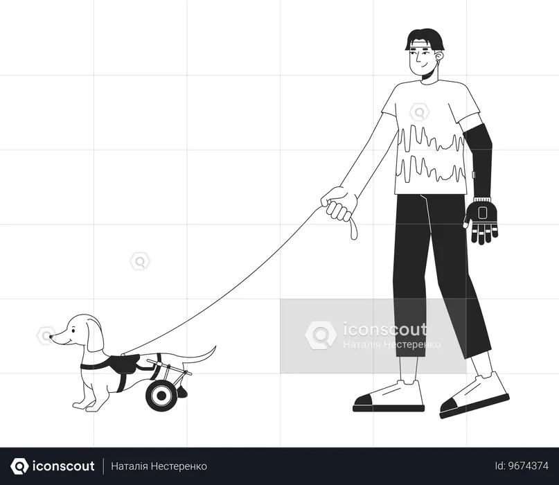 Homme asiatique handicapé marchant un chien en fauteuil roulant  Illustration