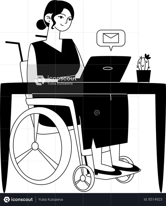 Handicapped female employee corresponds by email while sitting at computer at workplace  Illustration