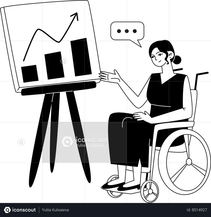 Handicapped female employee makes presentation about company's success using chart  Illustration