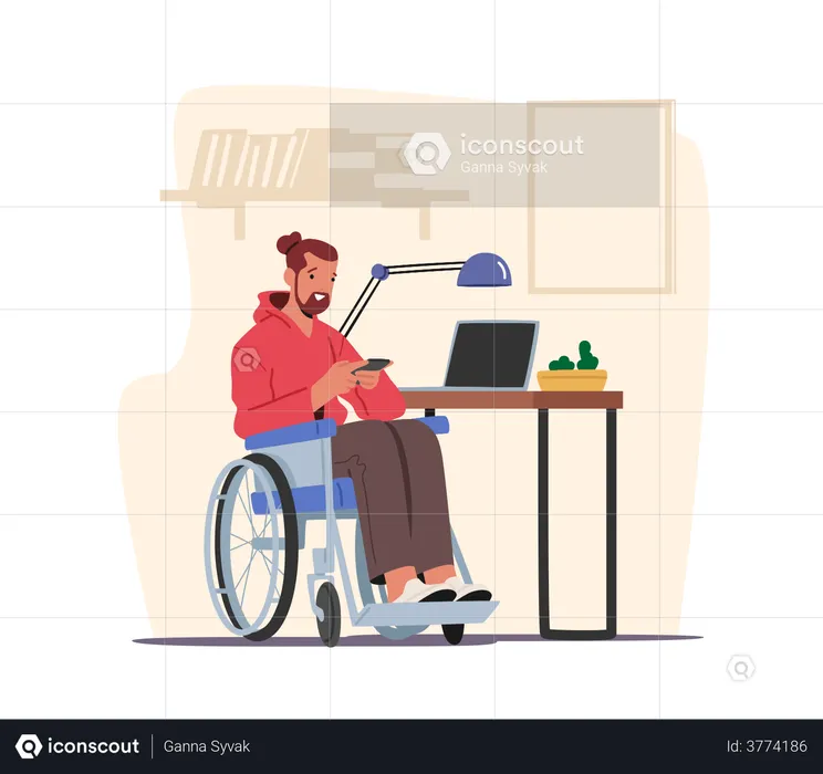 Handicapped Male Writing Message or Watch Video on Phone  Illustration