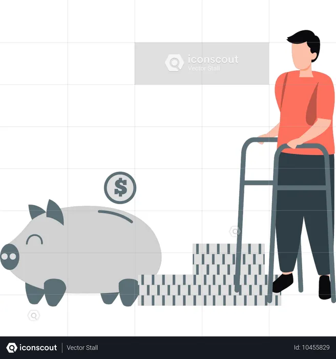 Handicapped man saving money in piggy bank  Illustration