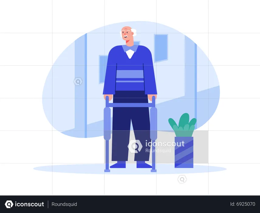 Handicapped man walking using walking stand  Illustration