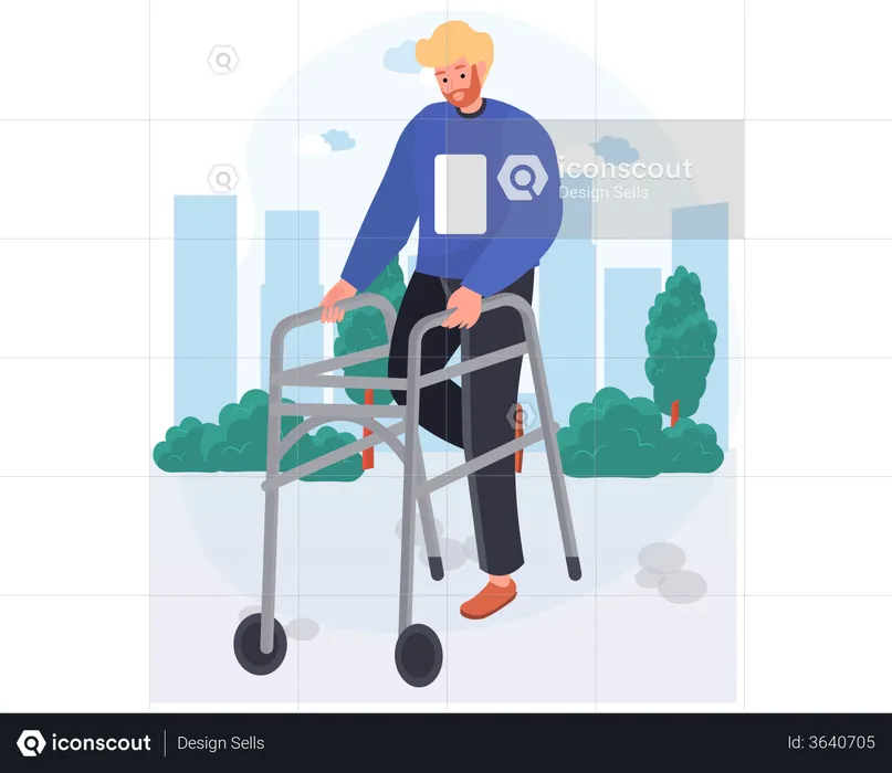 Handicapped man walking with help of walker  Illustration