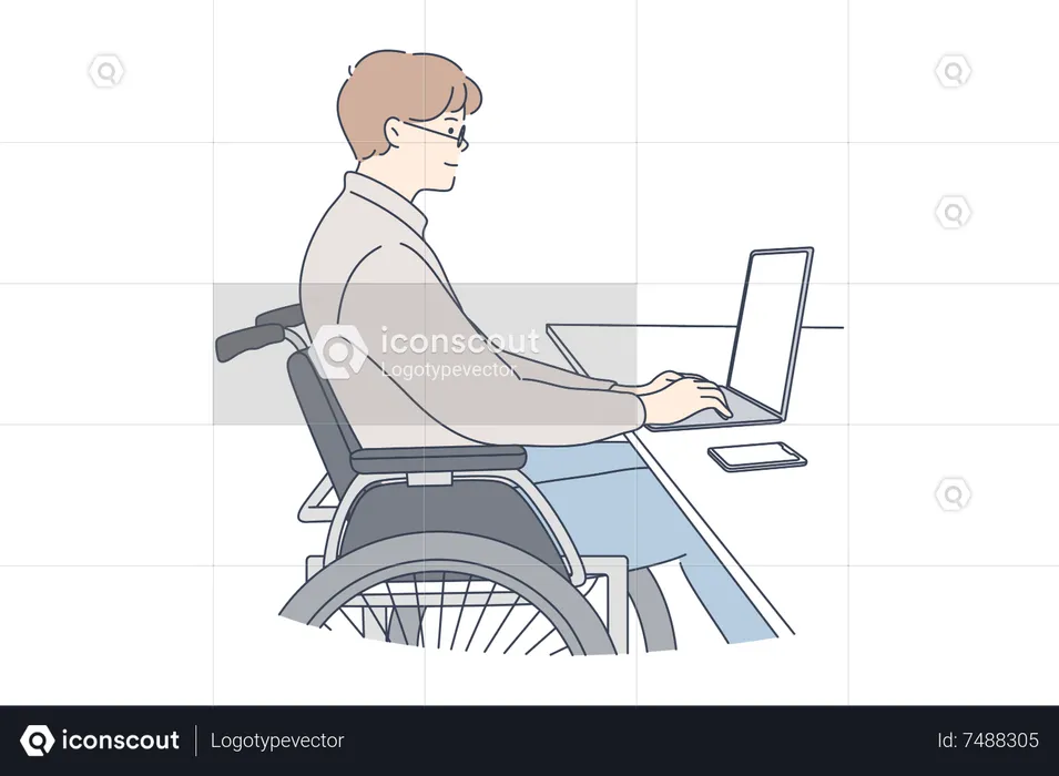 Handicapped man working on laptop  Illustration