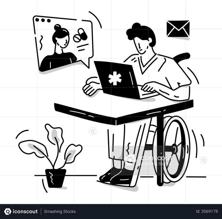 Handicapped person consulting doctor online  Illustration