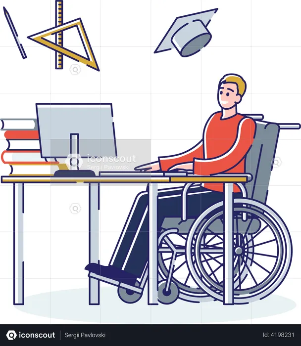 Handicapped Student Takes Remote Online Course Learning  Illustration