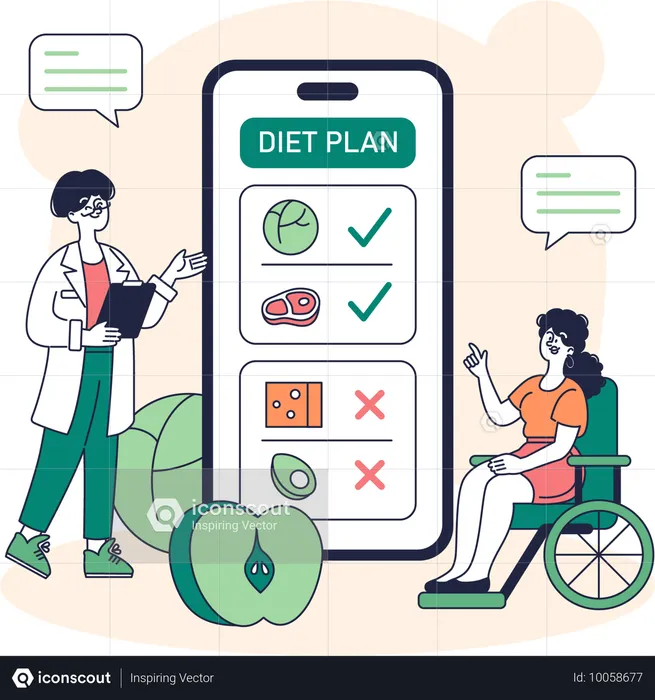 Handicapped woman looks at online diet plan  Illustration