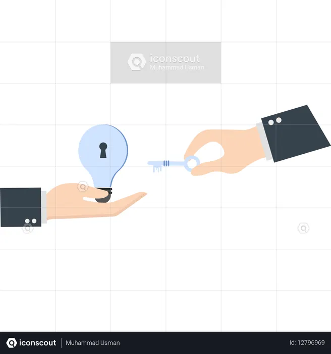 Hands exchanging key to lightbulb  Illustration