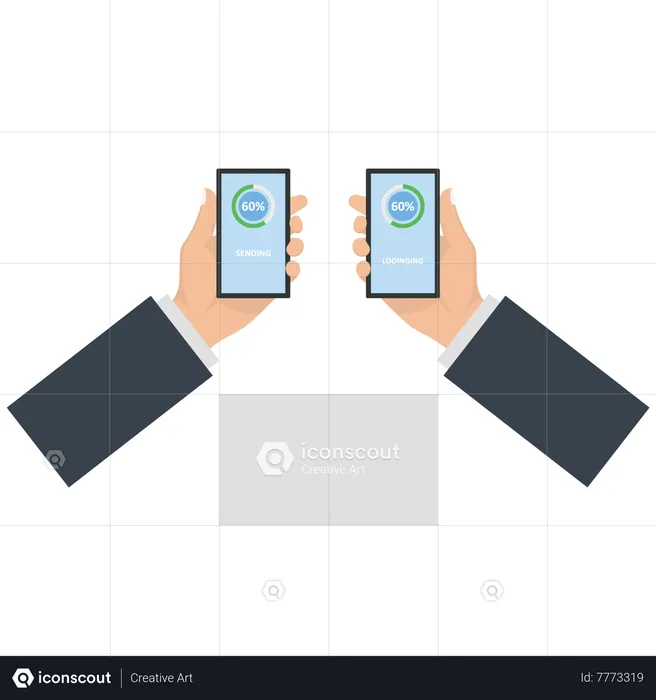 Hands hold a mobile phone to upload and download  Illustration