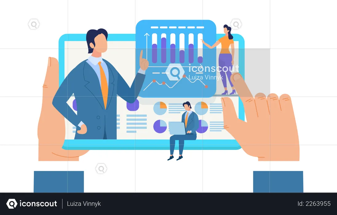 Hands Hold Tablet with Businessman Coach  Illustration