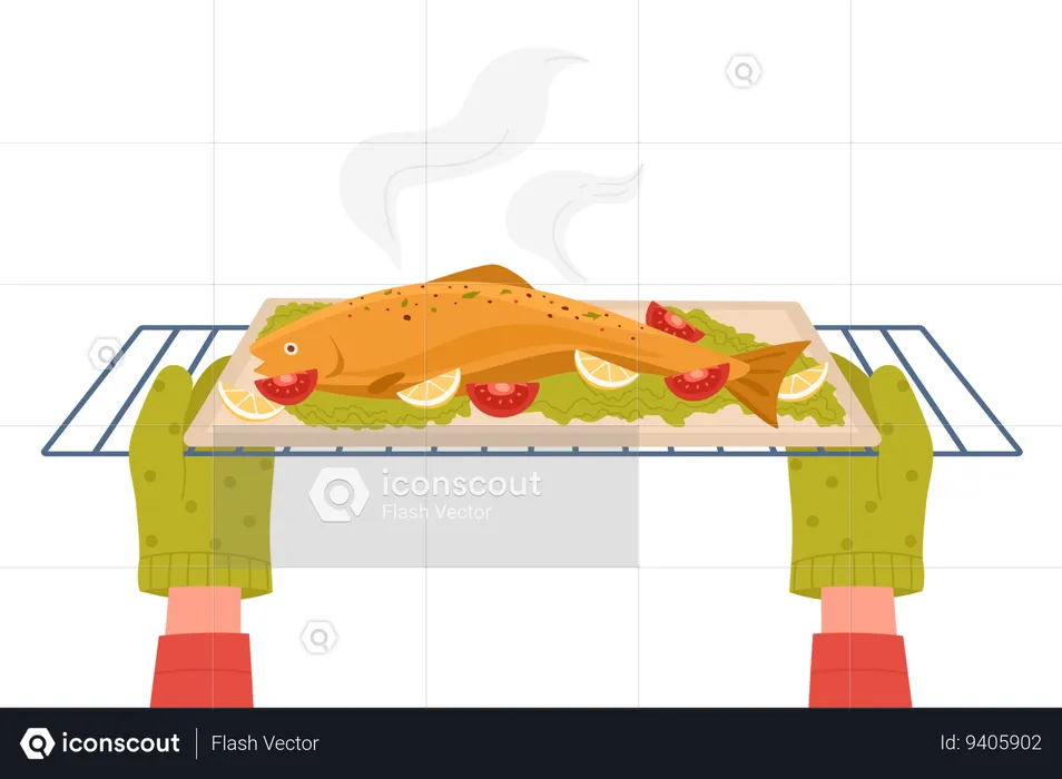 Hands in gloves taking out tray of fish from baking oven  Illustration