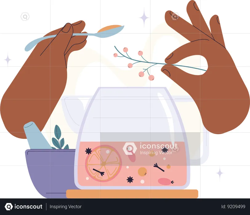 Hands making tea with berries and spices in  teapot  Illustration