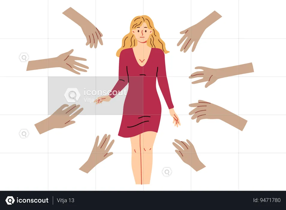 Hands of admirers reach out to woman idol tired of attention of fans and lack of personal space  Illustration