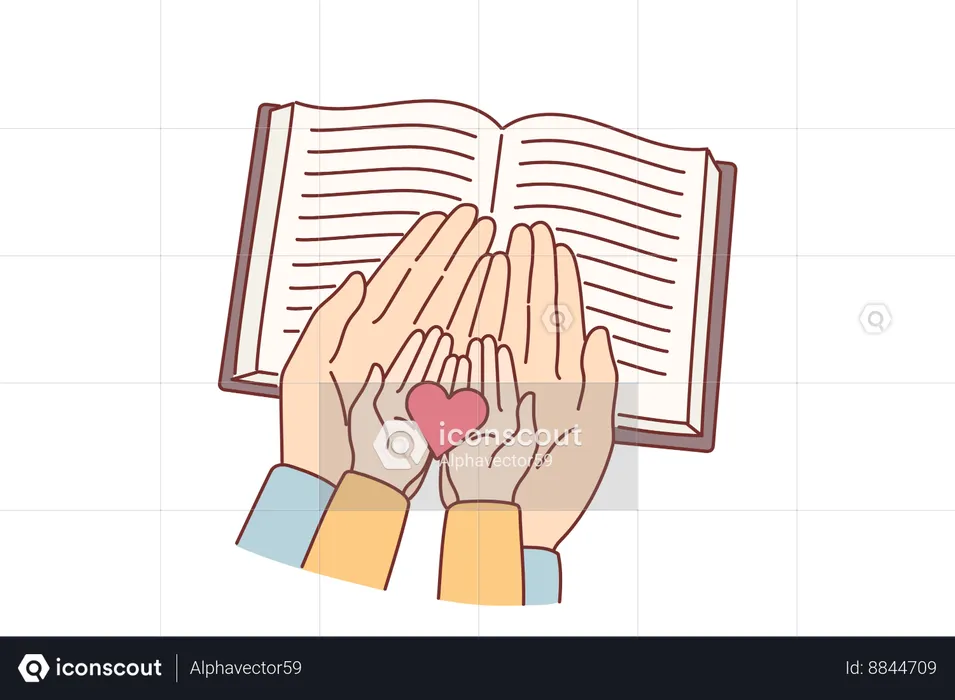 Hands of child and mother over bible with christian prayers  Illustration