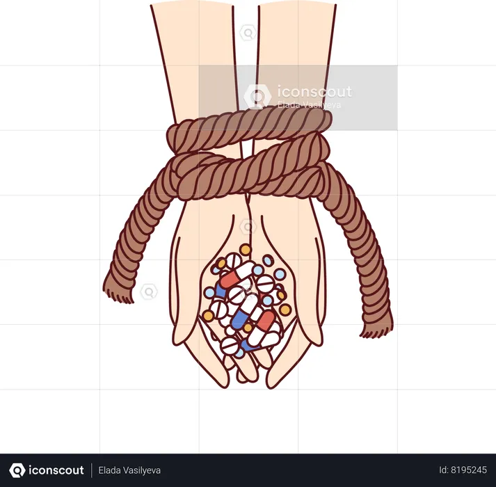 Hands of connected person with antibiotics and psychotropic drugs as metaphor for addiction  Illustration