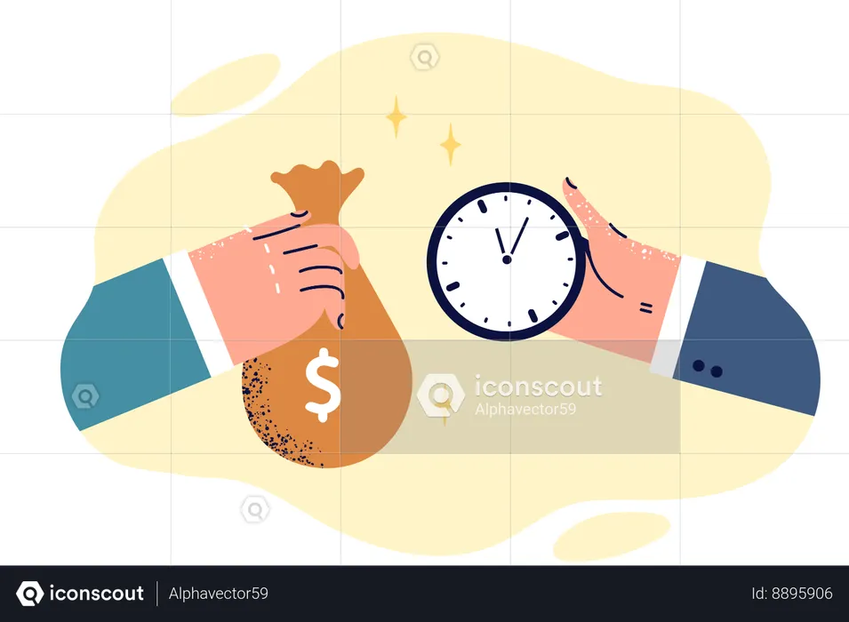 Hands of people with bag of money and watch as metaphor for exchange of time for salary  Illustration