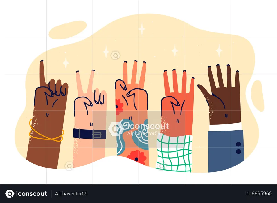 Hands of various people demonstrating numbers from one to five  Illustration