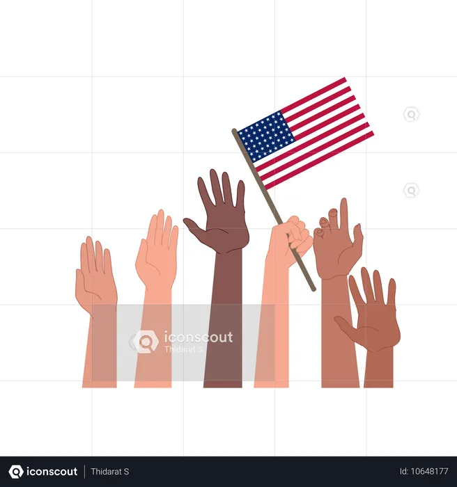 Hands of various skin tones raised together one holding an American flag  Illustration