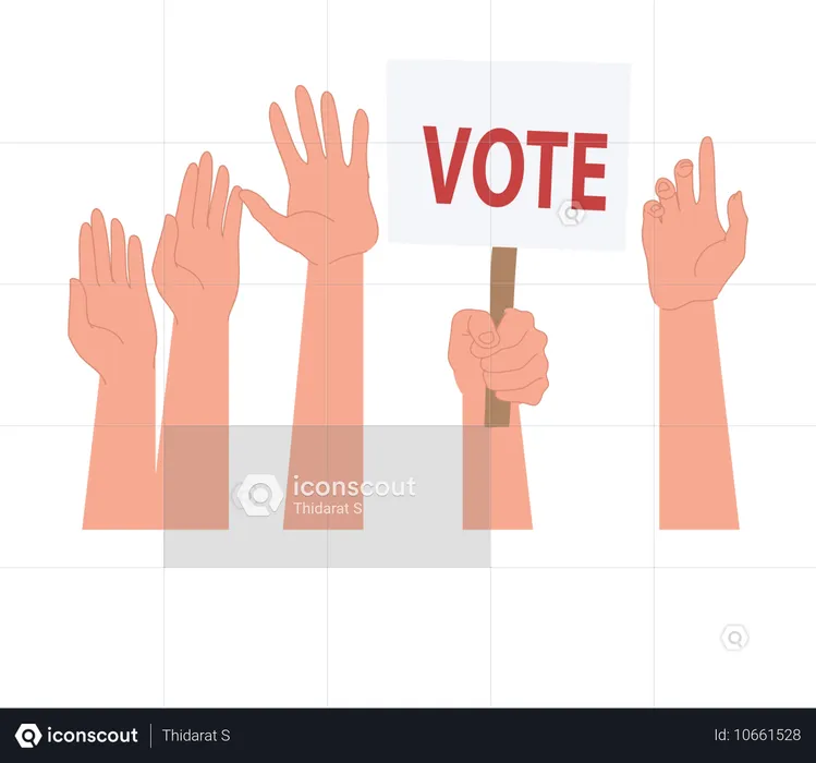 Hands raised in crowd for voting with one hand holding vote sign  Illustration