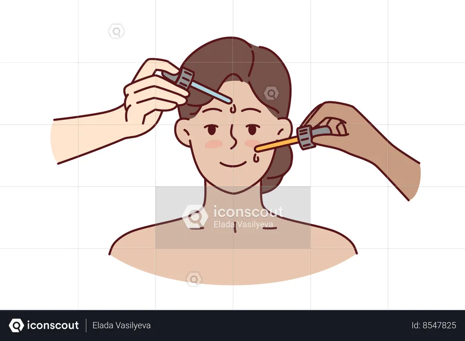 Hands with pipettes near face of woman during cosmetic procedures and lifting to get rid of wrinkles  Illustration