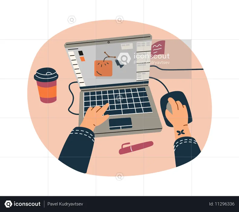 Hands working on a laptop with a design software  Illustration