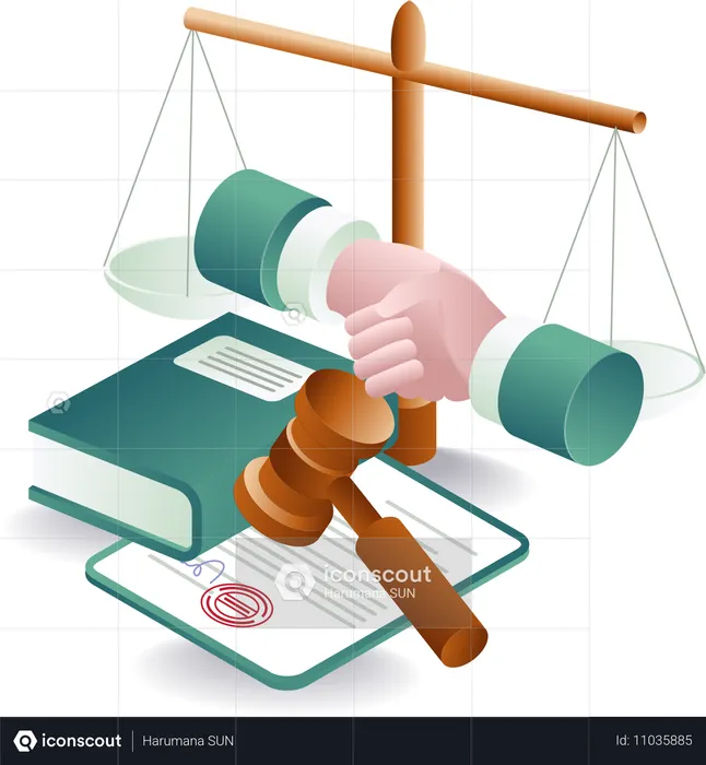 Handshake agrees with legal decisions in court  Illustration