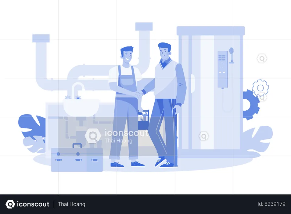 Handsome Plumber and Customer Shaking Hands  Illustration
