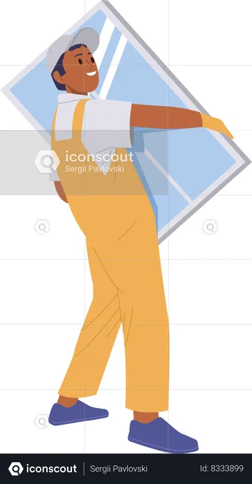 Handyman character carrying plastic window for installation or replacement  Illustration