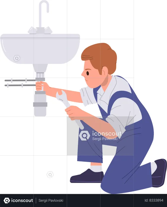 Handyman character fixing broken sink pipe with wrench in home bathroom  Illustration