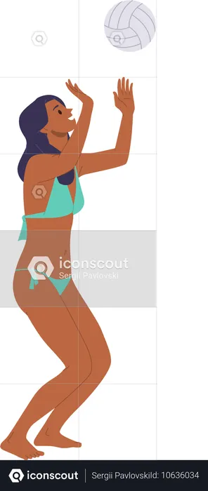 Happy active woman playing beach volleyball outside enjoying healthy leisure time  Illustration