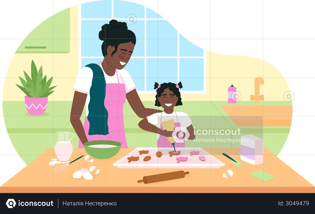 Happy African American mother and daughter bake cookies  Illustration