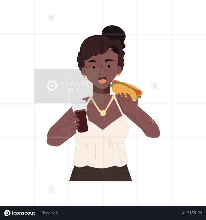Happy african american woman eating hot dog  Illustration