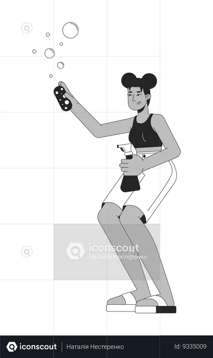 Happy african american woman with cleaning supplies  Illustration