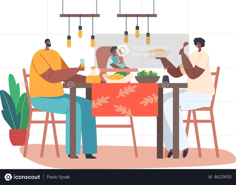Happy African Family Having Dinner Together  Illustration
