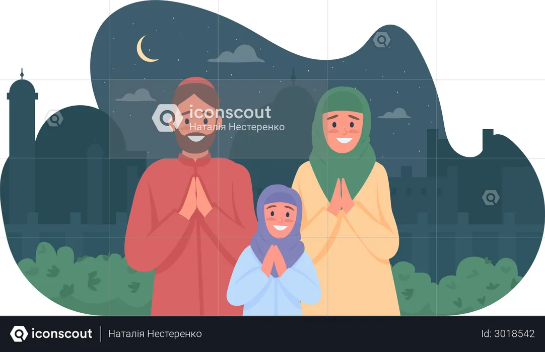 Happy Arabian family praying on Ramadan  Illustration