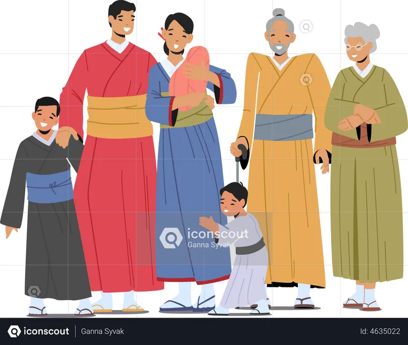Happy Asian Family standing together  Illustration