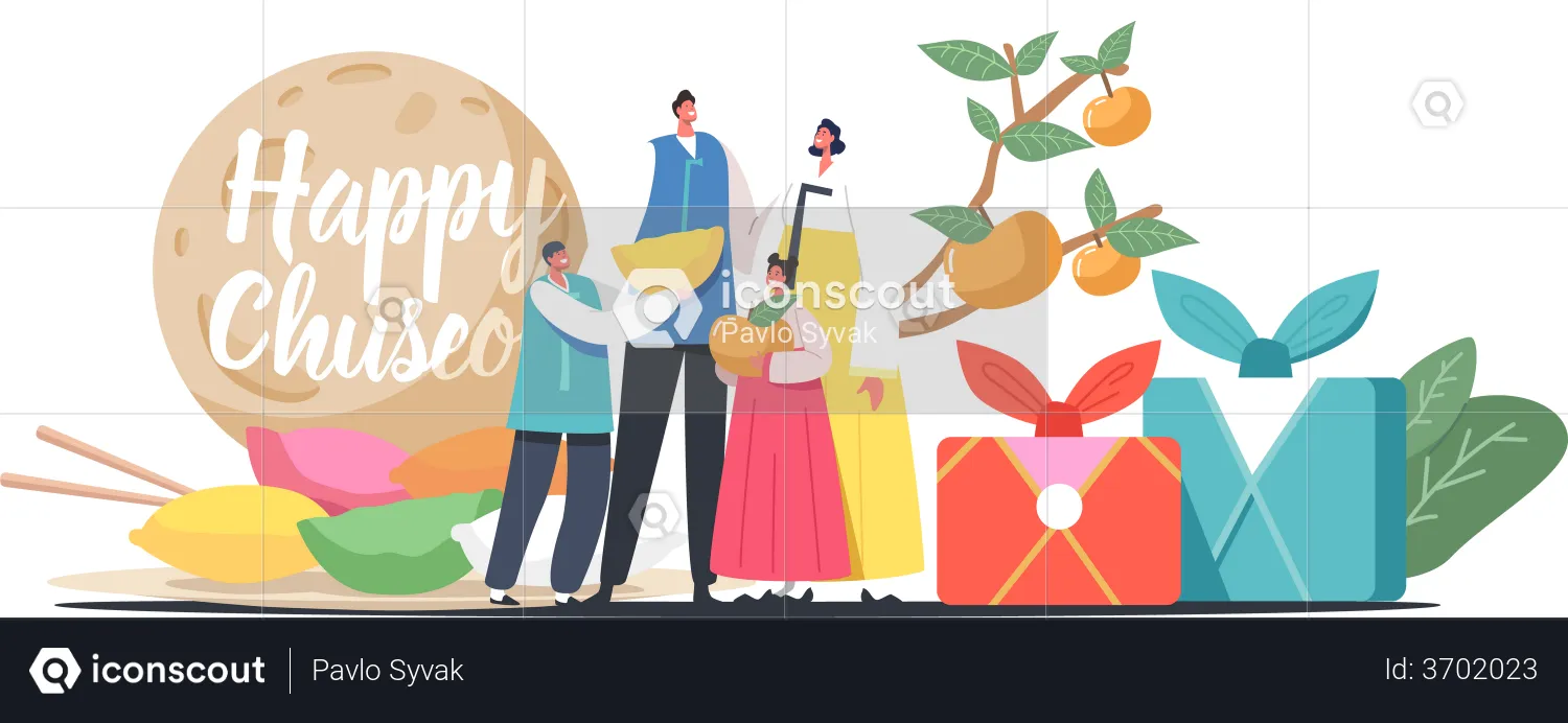 Happy Asian Family with Kids Wearing Traditional Costumes Handbook  Illustration