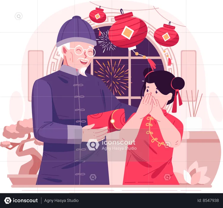 Happy Asian Girl Receiving a Red Envelope or Lucky Money From Her Grandfather to Celebrate Chinese New Year  Illustration