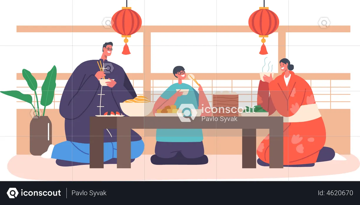 Happy Asian Parents and Kid Having Dinner at Home  Illustration
