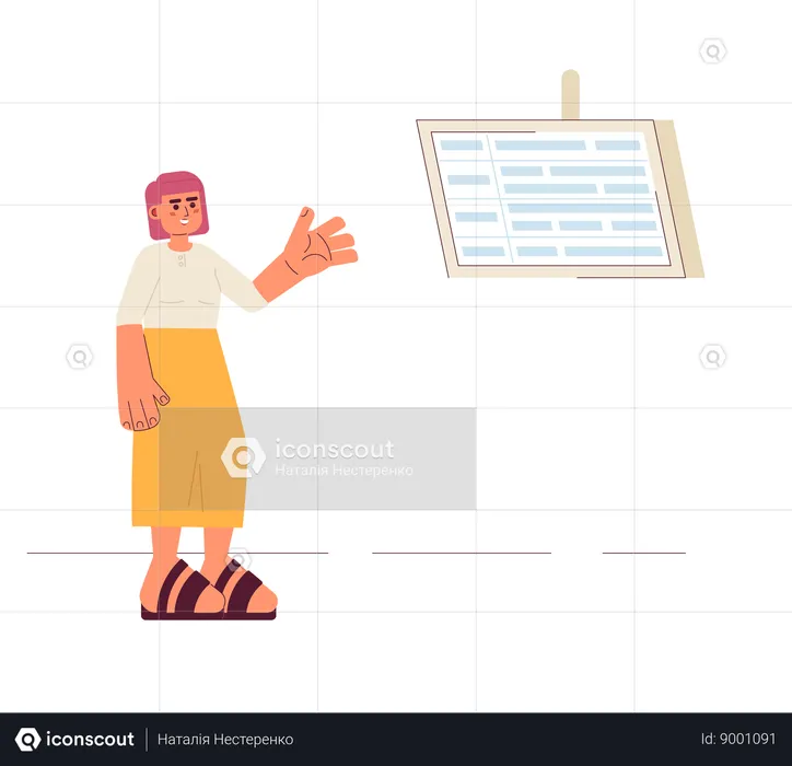 Happy asian woman looking at departure board  Illustration